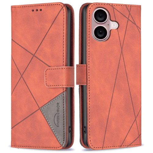 BINFEN COLOR BF05 For iPhone 16 PU Leather Case Imprinted Geometric Cell Phone Stand Cover - Orange