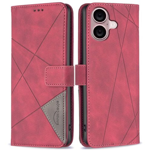 BINFEN COLOR BF05 For iPhone 16 PU Leather Case Imprinted Geometric Cell Phone Stand Cover - Red