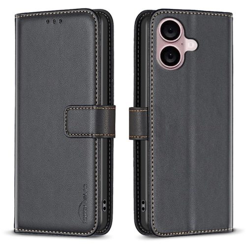 BINFEN COLOR BF17 For iPhone 16 Anti-Scratch Phone Shell PU Leather Stand Phone Case Wallet Cover - Black