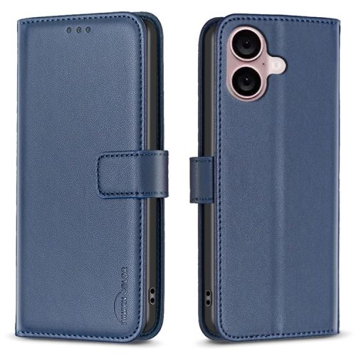 BINFEN COLOR BF17 For iPhone 16 Anti-Scratch Phone Shell PU Leather Stand Phone Case Wallet Cover - Blue