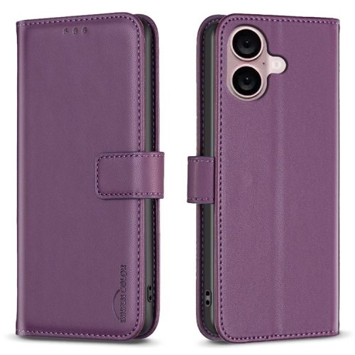 BINFEN COLOR BF17 For iPhone 16 Anti-Scratch Phone Shell PU Leather Stand Phone Case Wallet Cover - Dark Purple