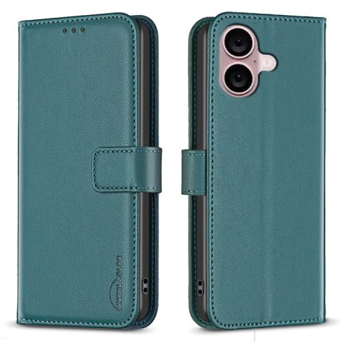 BINFEN COLOR BF17 For iPhone 16 Anti-Scratch Phone Shell PU Leather Stand Phone Case Wallet Cover - Green