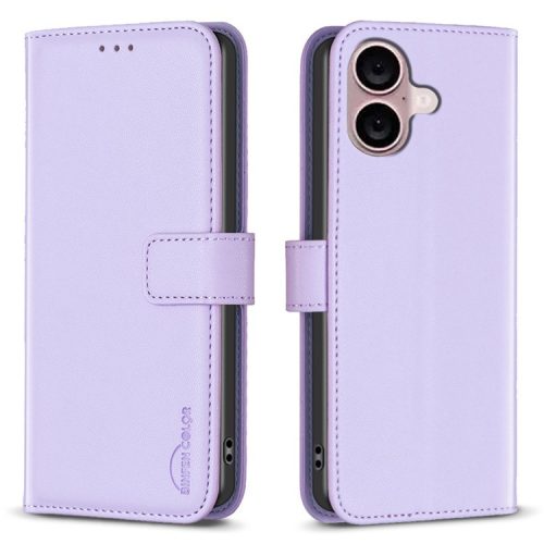 BINFEN COLOR BF17 For iPhone 16 Anti-Scratch Phone Shell PU Leather Stand Phone Case Wallet Cover - Purple