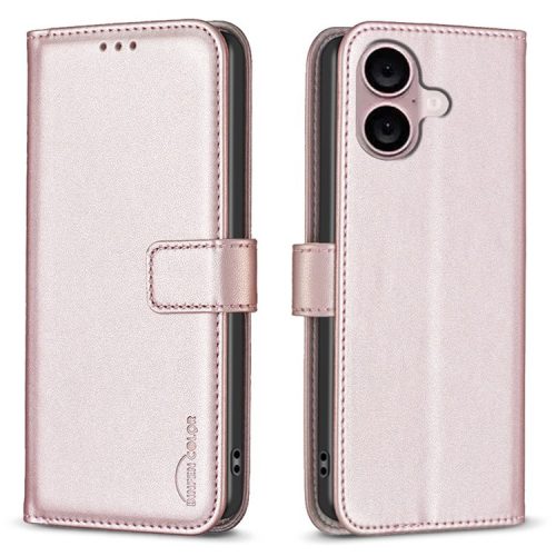 BINFEN COLOR BF17 For iPhone 16 Anti-Scratch Phone Shell PU Leather Stand Phone Case Wallet Cover - Rose Gold