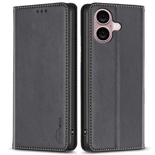 BINFEN COLOR BF18 For iPhone 16 Case Magnetic Closing PU Leather Card Holder Phone Cover - Black