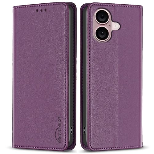 BINFEN COLOR BF18 For iPhone 16 Case Magnetic Closing PU Leather Card Holder Phone Cover - Dark Purple