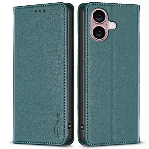 BINFEN COLOR BF18 For iPhone 16 Case Magnetic Closing PU Leather Card Holder Phone Cover - Green