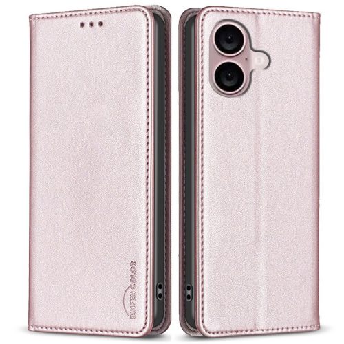 BINFEN COLOR BF18 For iPhone 16 Case Magnetic Closing PU Leather Card Holder Phone Cover - Pink