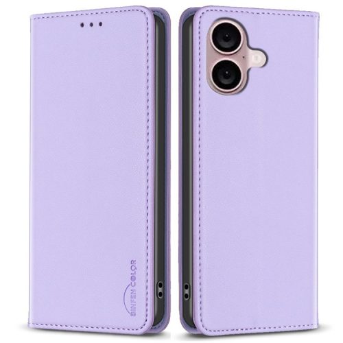 BINFEN COLOR BF18 For iPhone 16 Case Magnetic Closing PU Leather Card Holder Phone Cover - Purple