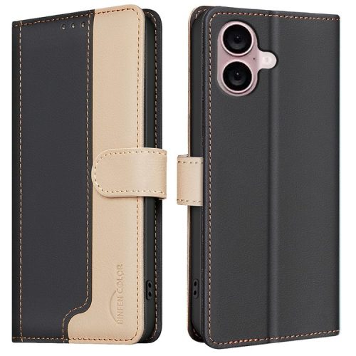 BINFEN COLOR BF33 For iPhone 16 Case RFID Blocking PU Leather Stand Phone Cover - Black