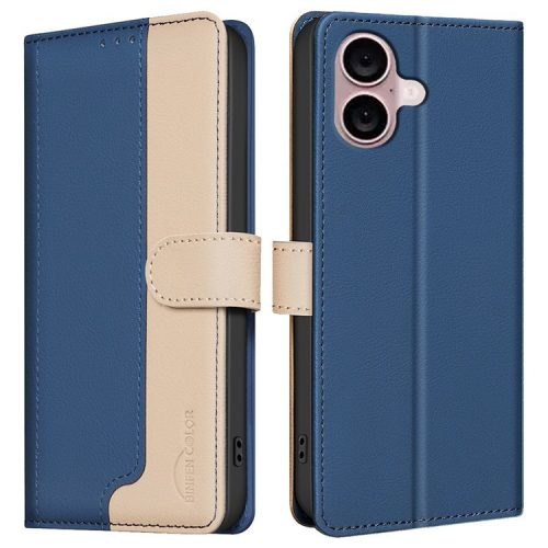 BINFEN COLOR BF33 For iPhone 16 Case RFID Blocking PU Leather Stand Phone Cover - Blue