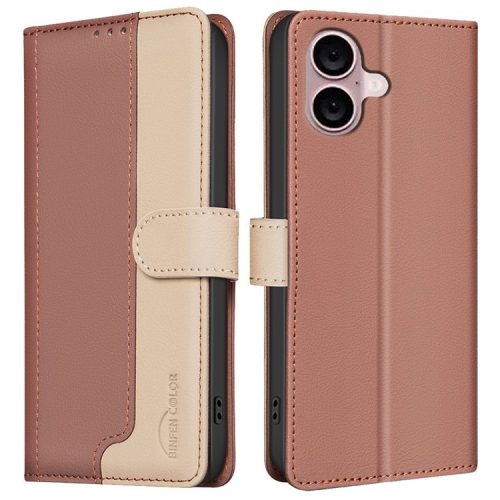 BINFEN COLOR BF33 For iPhone 16 Case RFID Blocking PU Leather Stand Phone Cover - Brown