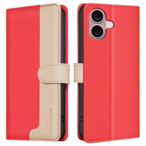 BINFEN COLOR BF33 For iPhone 16 Case RFID Blocking PU Leather Stand Phone Cover - Red