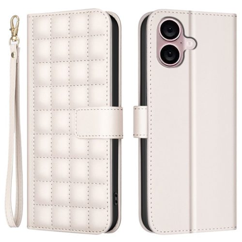 BINFEN COLOR BF34 for iPhone 16 Case Square Grid Pattern Leather Cover with Hand Strap - Beige