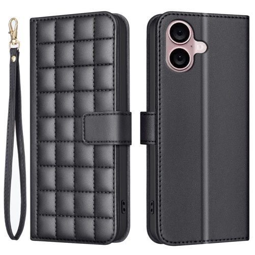 BINFEN COLOR BF34 for iPhone 16 Case Square Grid Pattern Leather Cover with Hand Strap - Black