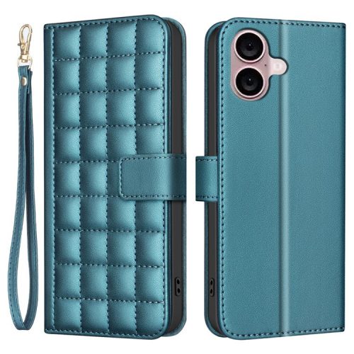 BINFEN COLOR BF34 for iPhone 16 Case Square Grid Pattern Leather Cover with Hand Strap - Green