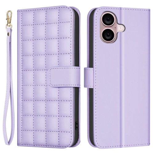 BINFEN COLOR BF34 for iPhone 16 Case Square Grid Pattern Leather Cover with Hand Strap - Light Purple