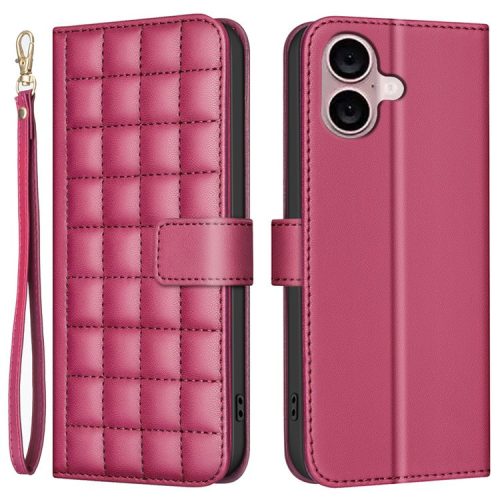 BINFEN COLOR BF34 for iPhone 16 Case Square Grid Pattern Leather Cover with Hand Strap - Red