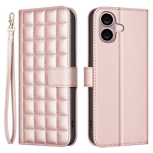 BINFEN COLOR BF34 for iPhone 16 Case Square Grid Pattern Leather Cover with Hand Strap - Rose Gold