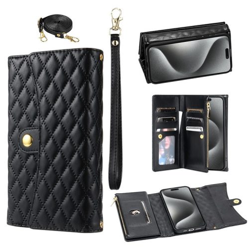 BKS-002 For iPhone 16 Wallet Case PU Leather Stand Phone Cover with Shoulder Strap - Black