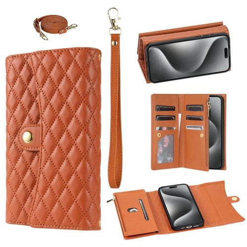 BKS-002 For iPhone 16 Wallet Case PU Leather Stand Phone Cover with Shoulder Strap - Brown