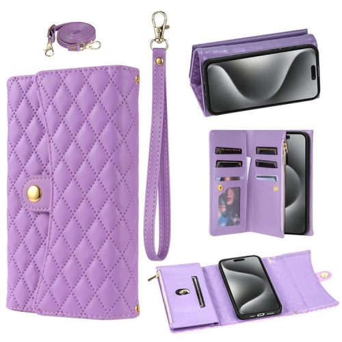 BKS-002 For iPhone 16 Wallet Case PU Leather Stand Phone Cover with Shoulder Strap - Purple