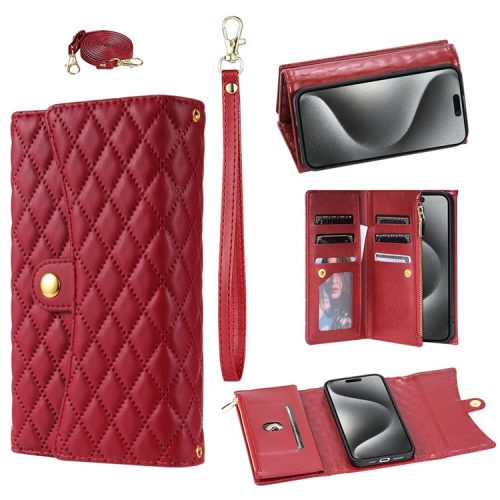 BKS-002 For iPhone 16 Wallet Case PU Leather Stand Phone Cover with Shoulder Strap - Red