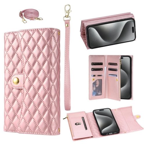 BKS-002 For iPhone 16 Wallet Case PU Leather Stand Phone Cover with Shoulder Strap - Rose Gold