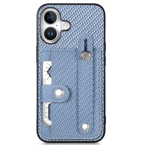 C1-01 For iPhone 16 Case Wristband Anti-Drop Leather Back Cover with Card Holder, Card Knife - Blue