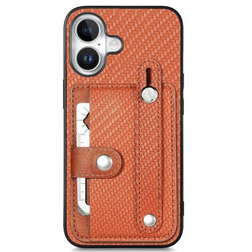 C1-01 For iPhone 16 Case Wristband Anti-Drop Leather Back Cover with Card Holder, Card Knife - Brown