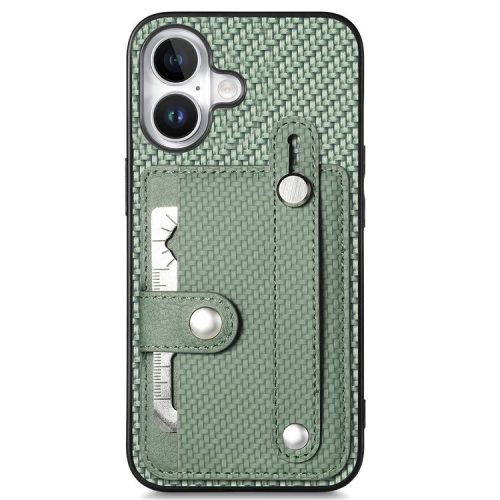 C1-01 For iPhone 16 Case Wristband Anti-Drop Leather Back Cover with Card Holder, Card Knife - Green