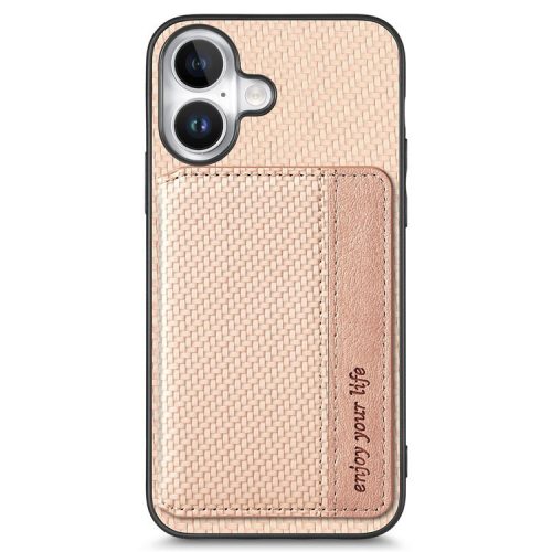 C1-02 For iPhone 16 Case RFID Blocking Card Holder Carbon Fiber Leather+PC+TPU Phone Cover - Apricot