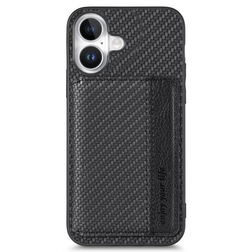 C1-02 For iPhone 16 Case RFID Blocking Card Holder Carbon Fiber Leather+PC+TPU Phone Cover - Black