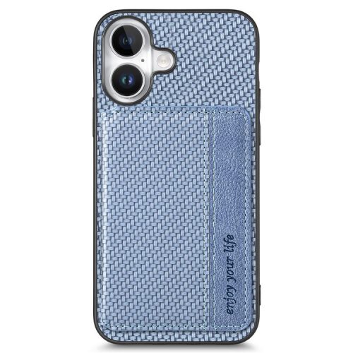 C1-02 For iPhone 16 Case RFID Blocking Card Holder Carbon Fiber Leather+PC+TPU Phone Cover - Blue