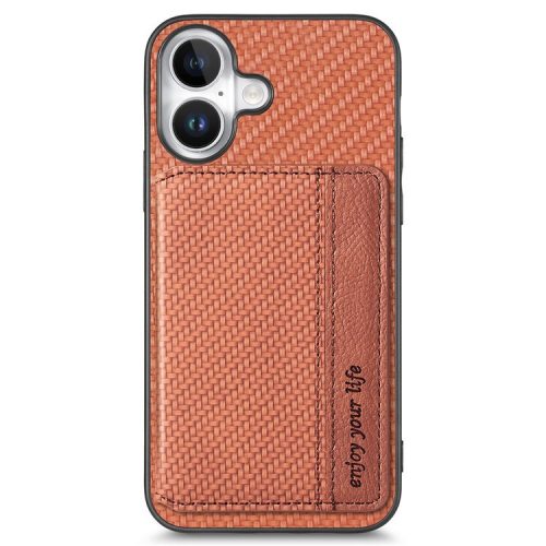 C1-02 For iPhone 16 Case RFID Blocking Card Holder Carbon Fiber Leather+PC+TPU Phone Cover - Brown