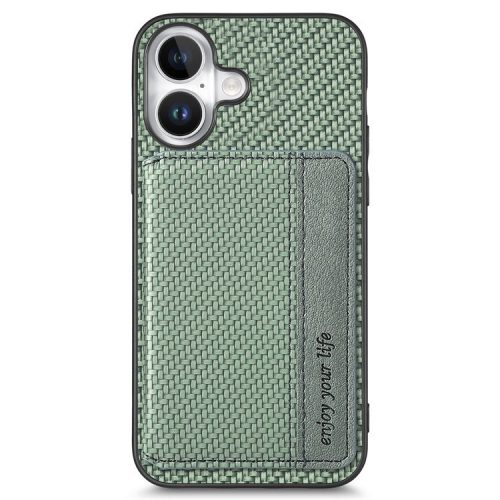 C1-02 For iPhone 16 Case RFID Blocking Card Holder Carbon Fiber Leather+PC+TPU Phone Cover - Green