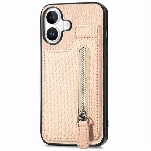 C1-03 For iPhone 16 Case Carbon Fiber PU+TPU+PC Kickstand Phone Cover Card Slots Zipper Pocket - Apricot