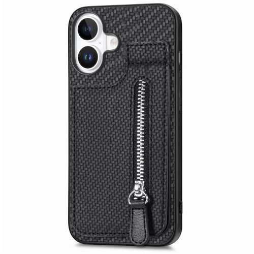 C1-03 For iPhone 16 Case Carbon Fiber PU+TPU+PC Kickstand Phone Cover Card Slots Zipper Pocket - Black