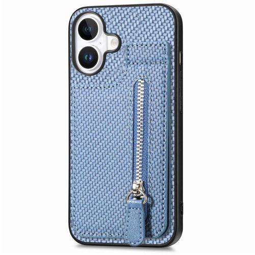 C1-03 For iPhone 16 Case Carbon Fiber PU+TPU+PC Kickstand Phone Cover Card Slots Zipper Pocket - Blue