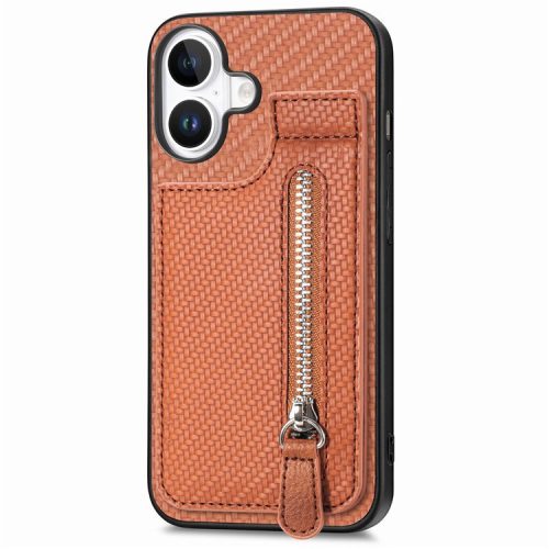 C1-03 For iPhone 16 Case Carbon Fiber PU+TPU+PC Kickstand Phone Cover Card Slots Zipper Pocket - Brown