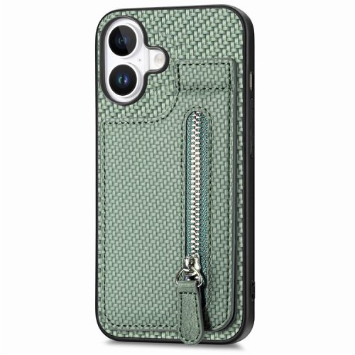 C1-03 For iPhone 16 Case Carbon Fiber PU+TPU+PC Kickstand Phone Cover Card Slots Zipper Pocket - Green