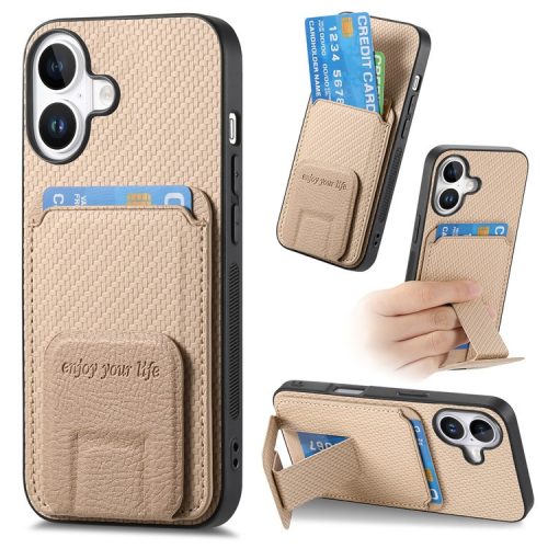 C1-11 for iPhone 16 Case Card Holder Carbon Fiber Texture Leather Coated TPU Phone Cover - Beige