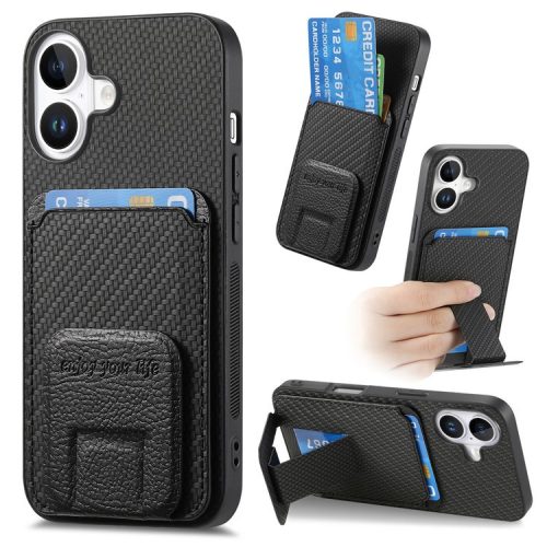 C1-11 for iPhone 16 Case Card Holder Carbon Fiber Texture Leather Coated TPU Phone Cover - Black