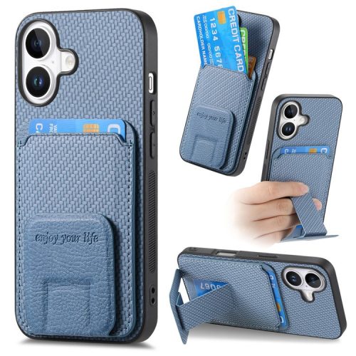 C1-11 for iPhone 16 Case Card Holder Carbon Fiber Texture Leather Coated TPU Phone Cover - Blue