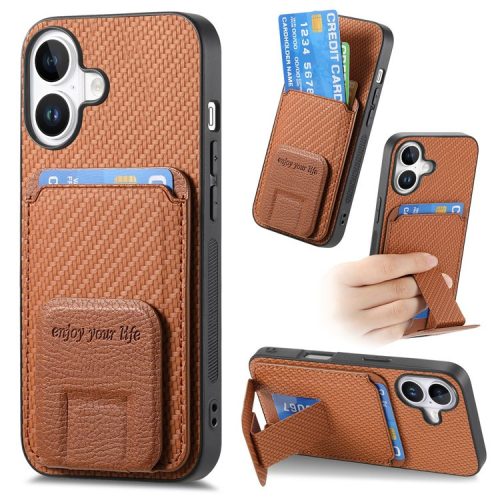 C1-11 for iPhone 16 Case Card Holder Carbon Fiber Texture Leather Coated TPU Phone Cover - Brown