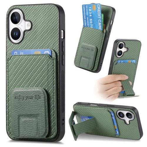 C1-11 for iPhone 16 Case Card Holder Carbon Fiber Texture Leather Coated TPU Phone Cover - Green