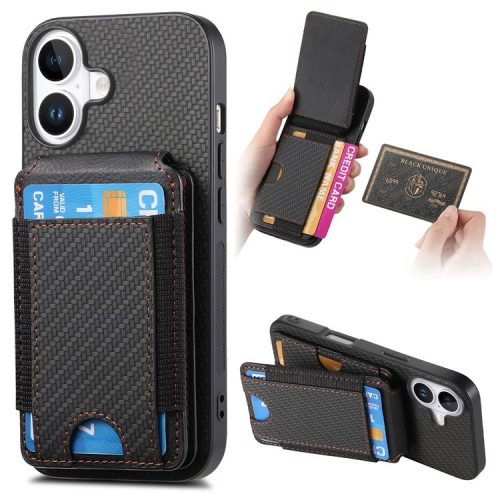 C1-12 For iPhone 16 Case Card Holder Leather+PC+TPU Kickstand Phone Cover - Black