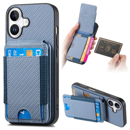 C1-12 For iPhone 16 Case Card Holder Leather+PC+TPU Kickstand Phone Cover - Blue