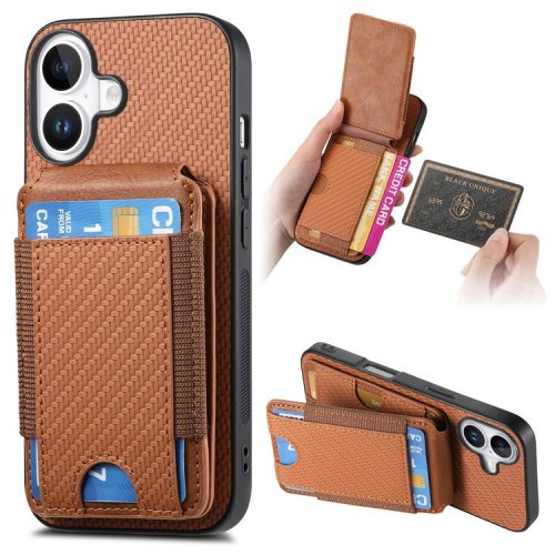 C1-12 For iPhone 16 Case Card Holder Leather+PC+TPU Kickstand Phone Cover - Brown