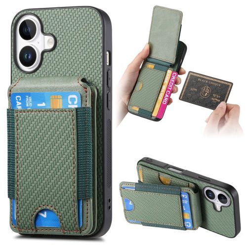 C1-12 For iPhone 16 Case Card Holder Leather+PC+TPU Kickstand Phone Cover - Green